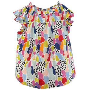 THML Abstract Multicolor Polkadot Ruffle Sleeve Cotton Blouse Women's size M
